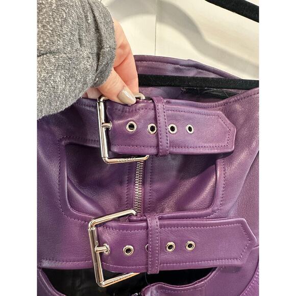 Versace Runway Bright Dark Orchid Leather Fringe Mini Dress - Picture 8 of 16